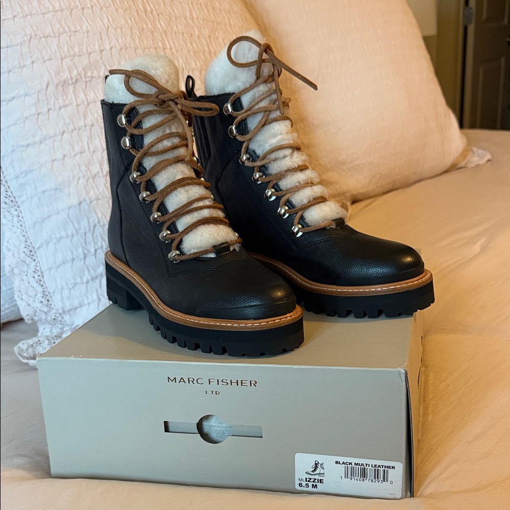 NEW Marc Fisher Black and Brown Izzie Lace Up Boots
